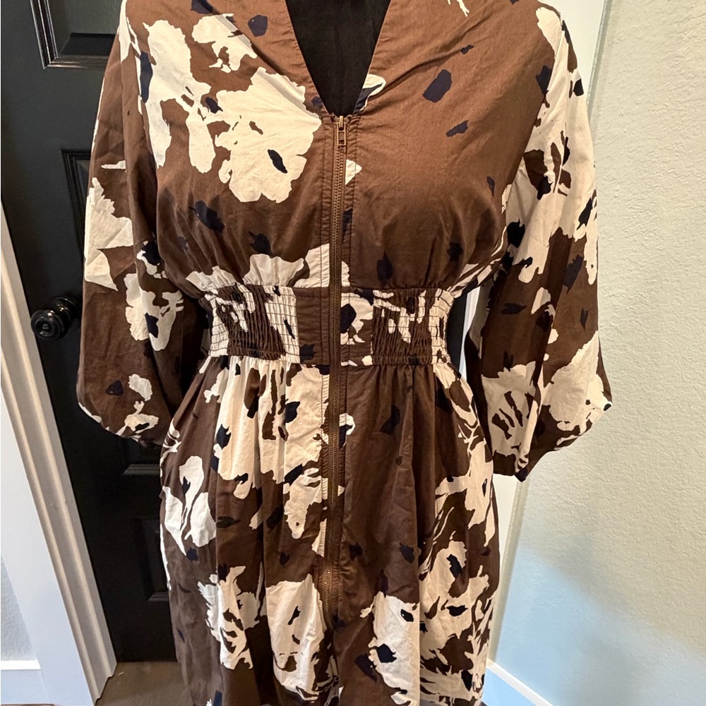 Entro Long Sleeve Dress with Brown and White Floral Design